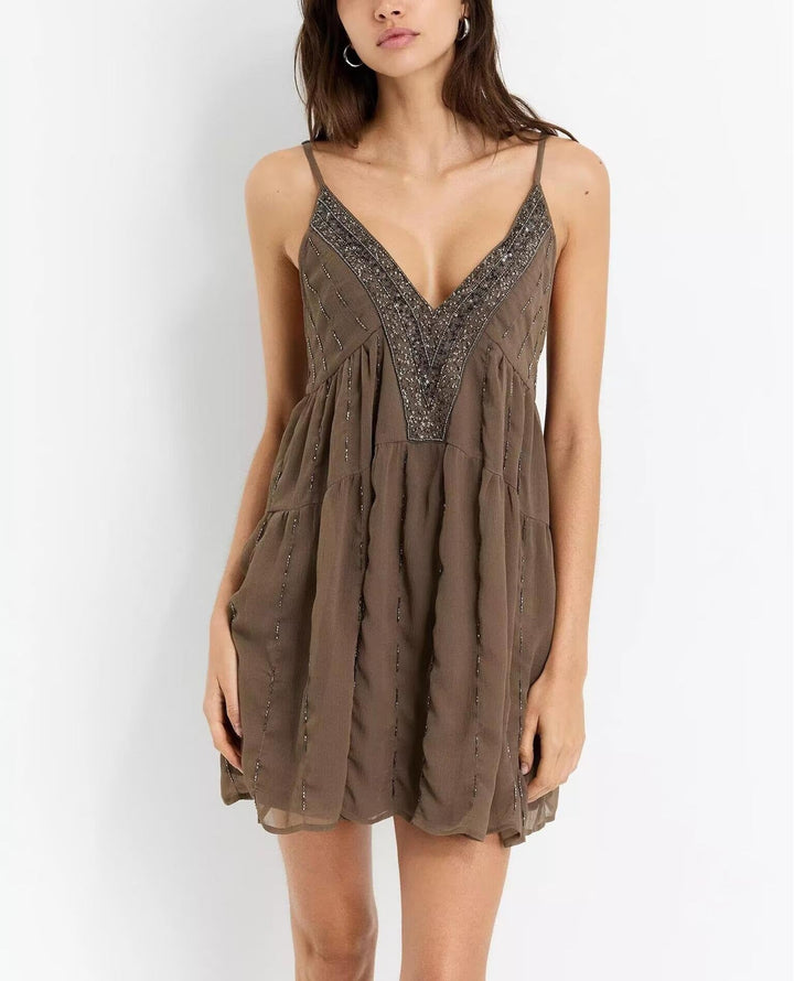 Women Clothing Beaded Sequined Embroidered Suspender Dress