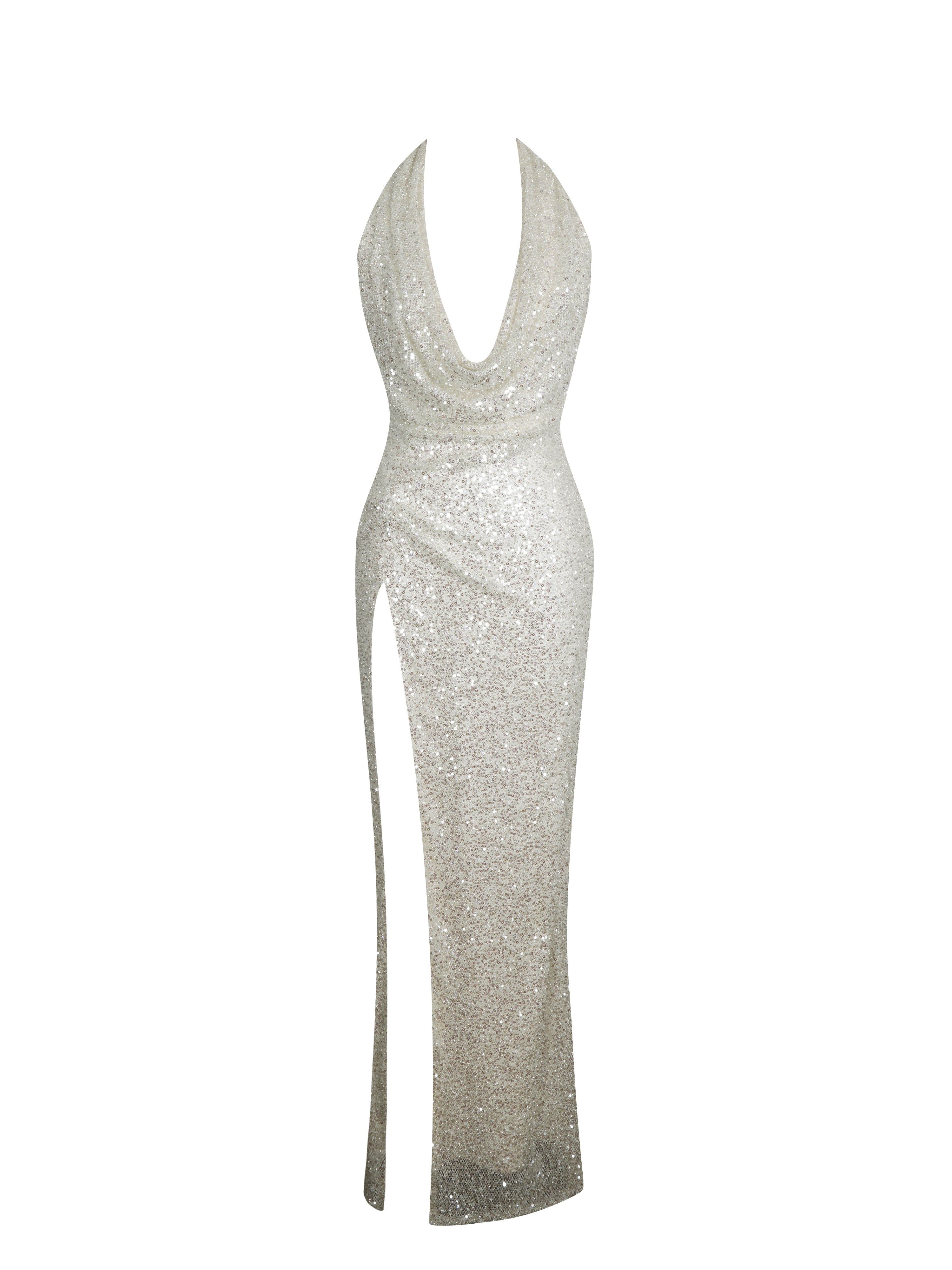 Niamh Golden Beaded Cowl Halter Backless Maxi Dress