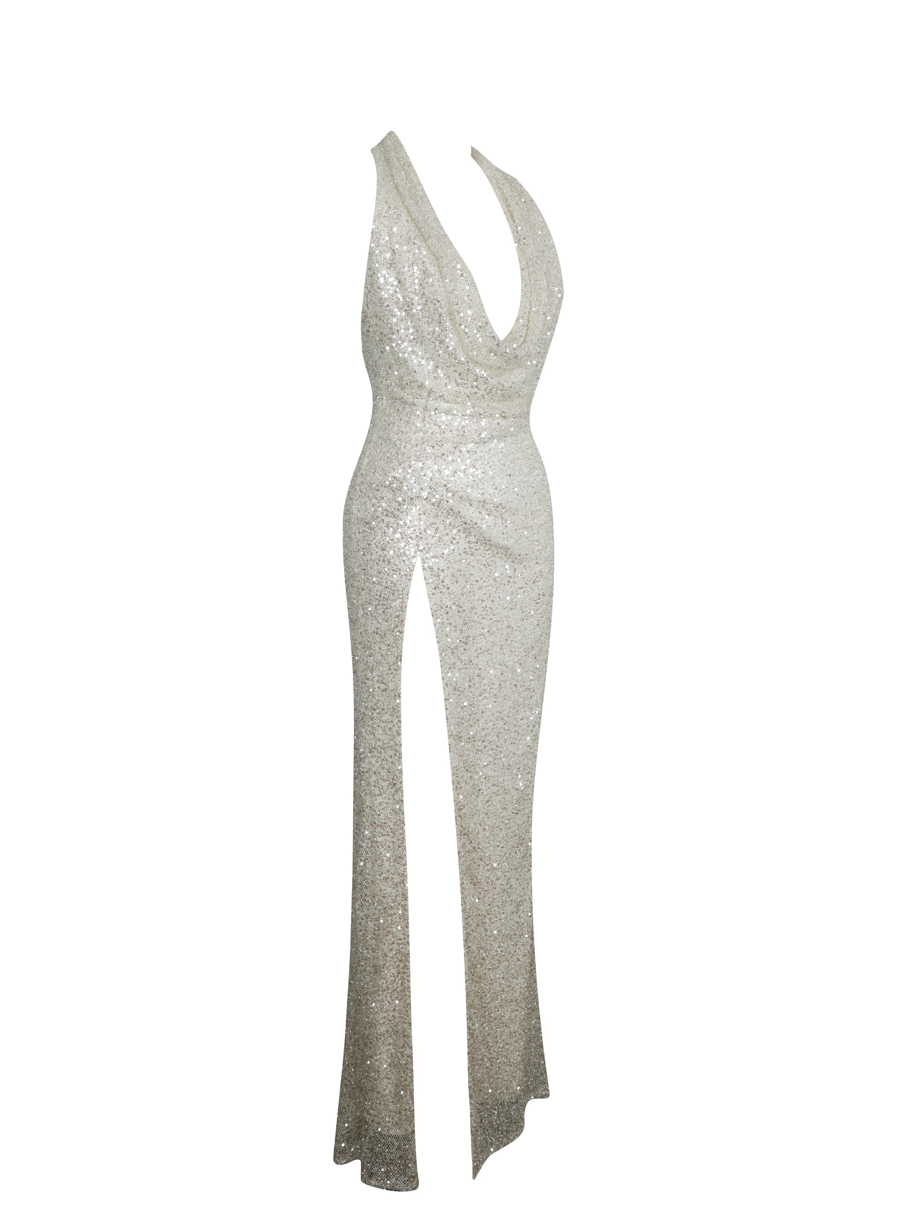 Niamh Golden Beaded Cowl Halter Backless Maxi Dress