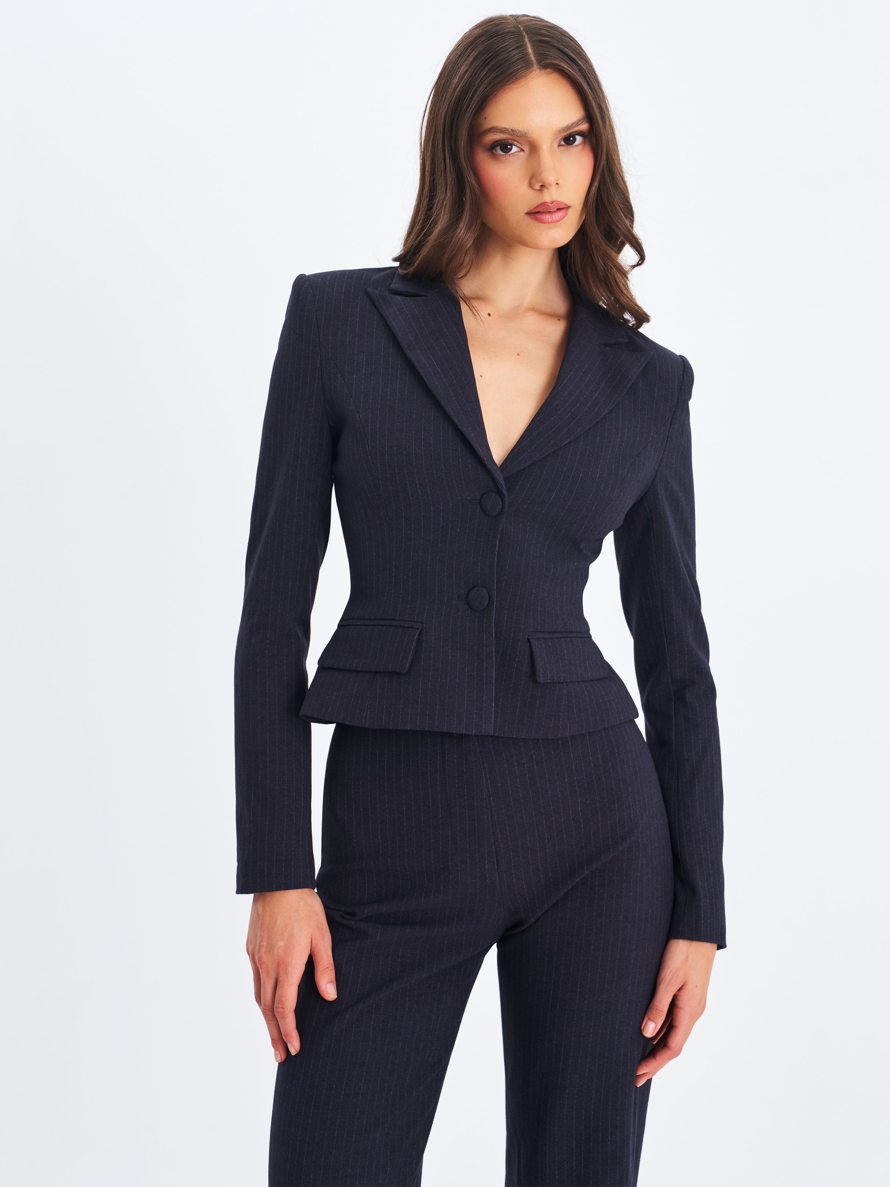 Quinnie Navy Striped High-Waisted Straight Leg Pants