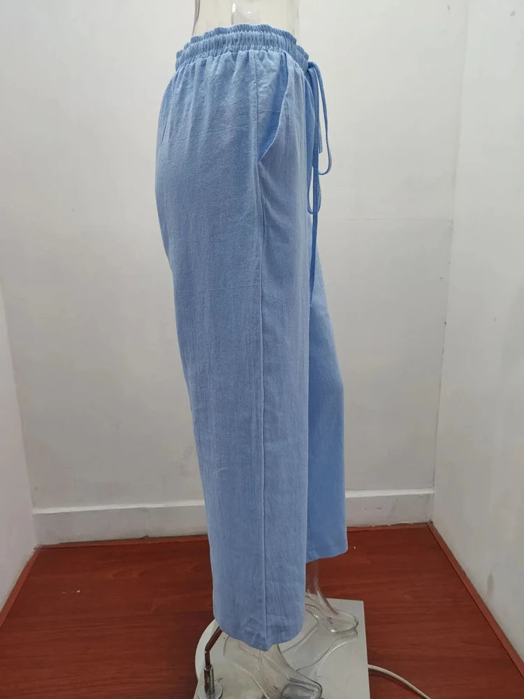 Women’s Cotton Linen Wide Leg Pants – Casual Elastic Waist Straight Leg Trousers with Pockets for Summer & Fall
