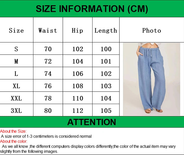 Women’s Cotton Linen Wide Leg Pants – Casual Elastic Waist Straight Leg Trousers with Pockets for Summer & Fall