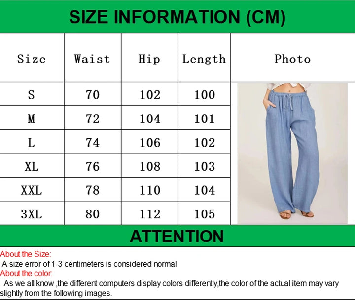 Women’s Cotton Linen Wide Leg Pants – Casual Elastic Waist Straight Leg Trousers with Pockets for Summer & Fall