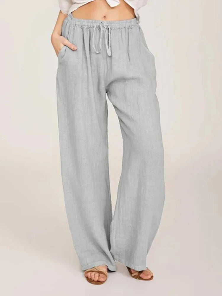 Women’s Cotton Linen Wide Leg Pants – Casual Elastic Waist Straight Leg Trousers with Pockets for Summer & Fall