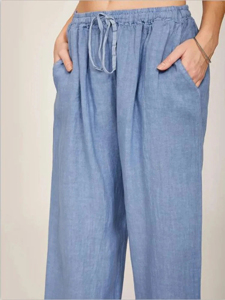 Women’s Cotton Linen Wide Leg Pants – Casual Elastic Waist Straight Leg Trousers with Pockets for Summer & Fall