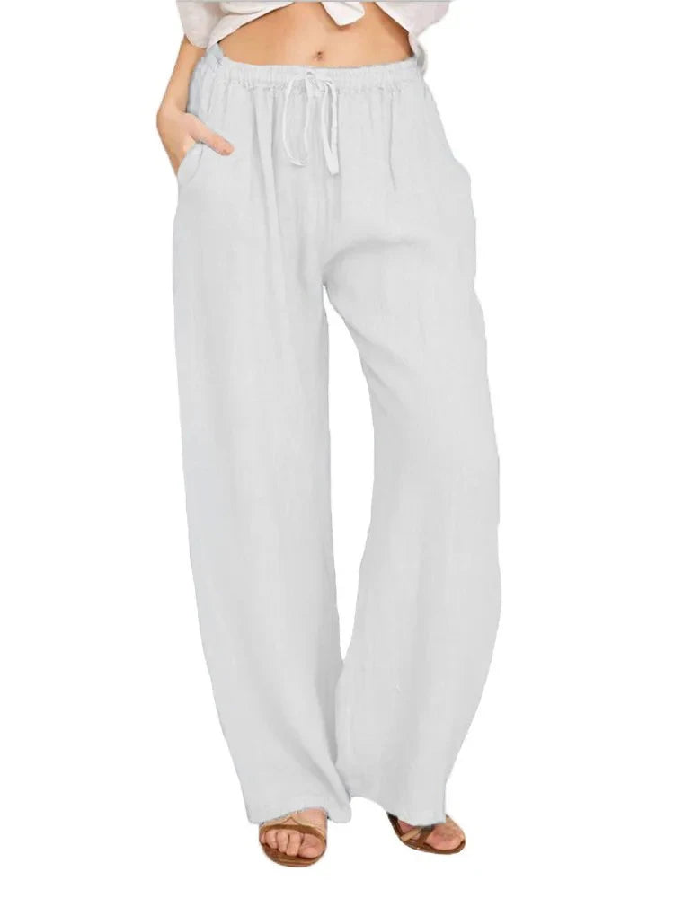 Women’s Cotton Linen Wide Leg Pants – Casual Elastic Waist Straight Leg Trousers with Pockets for Summer & Fall