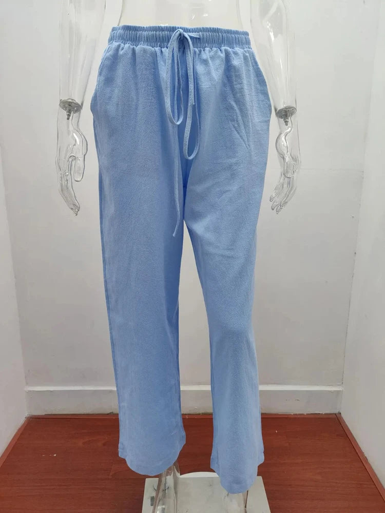 Women’s Cotton Linen Wide Leg Pants – Casual Elastic Waist Straight Leg Trousers with Pockets for Summer & Fall