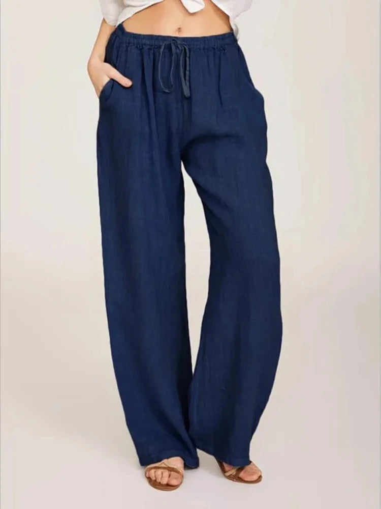 Women’s Cotton Linen Wide Leg Pants – Casual Elastic Waist Straight Leg Trousers with Pockets for Summer & Fall