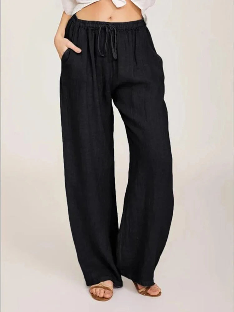 Women’s Cotton Linen Wide Leg Pants – Casual Elastic Waist Straight Leg Trousers with Pockets for Summer & Fall