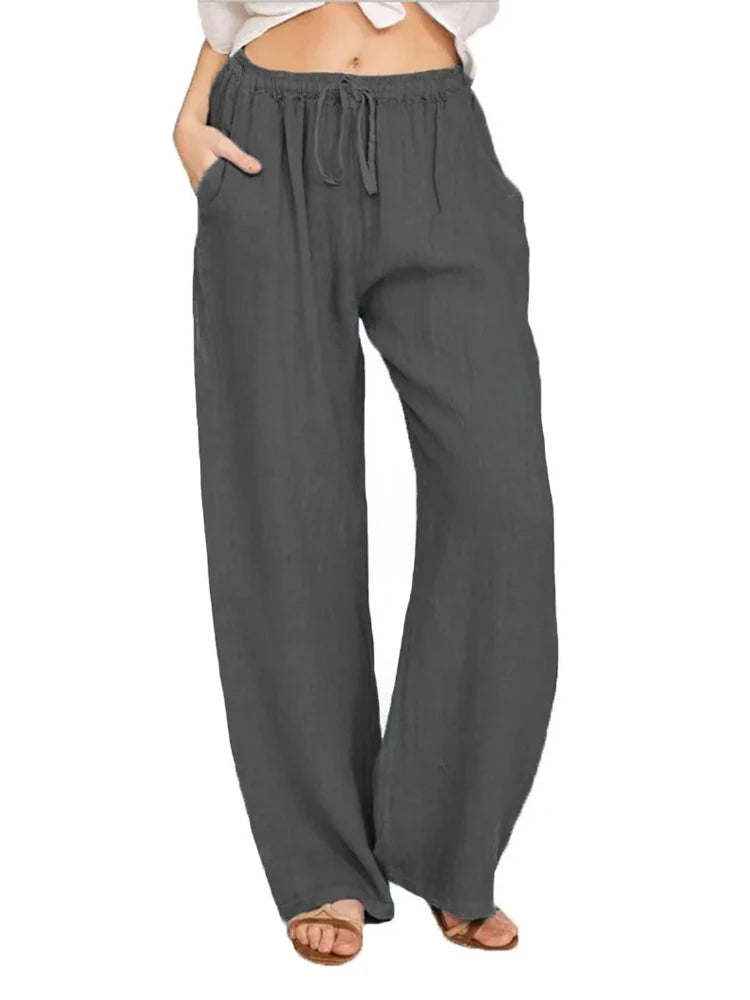 Women’s Cotton Linen Wide Leg Pants – Casual Elastic Waist Straight Leg Trousers with Pockets for Summer & Fall