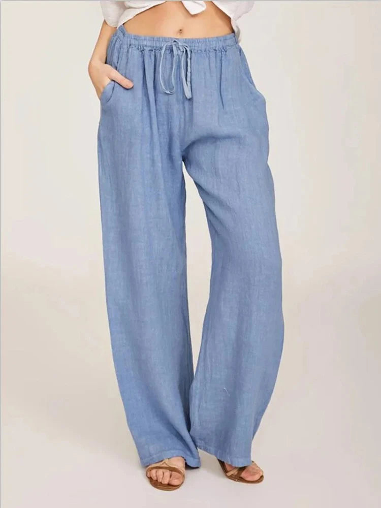 Women’s Cotton Linen Wide Leg Pants – Casual Elastic Waist Straight Leg Trousers with Pockets for Summer & Fall