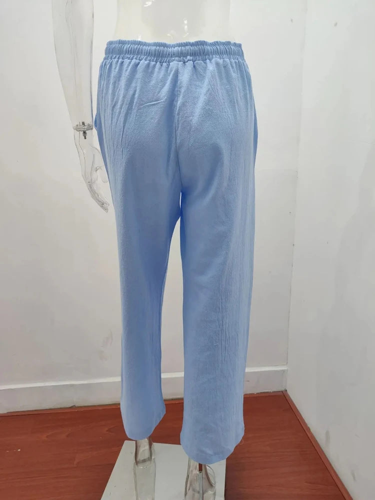 Women’s Cotton Linen Wide Leg Pants – Casual Elastic Waist Straight Leg Trousers with Pockets for Summer & Fall