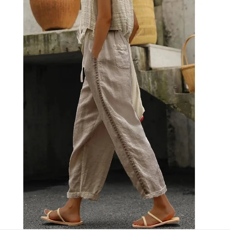 Vacation style hollow summer thin elastic waist loose cropped pants versatile breathable white casual pants