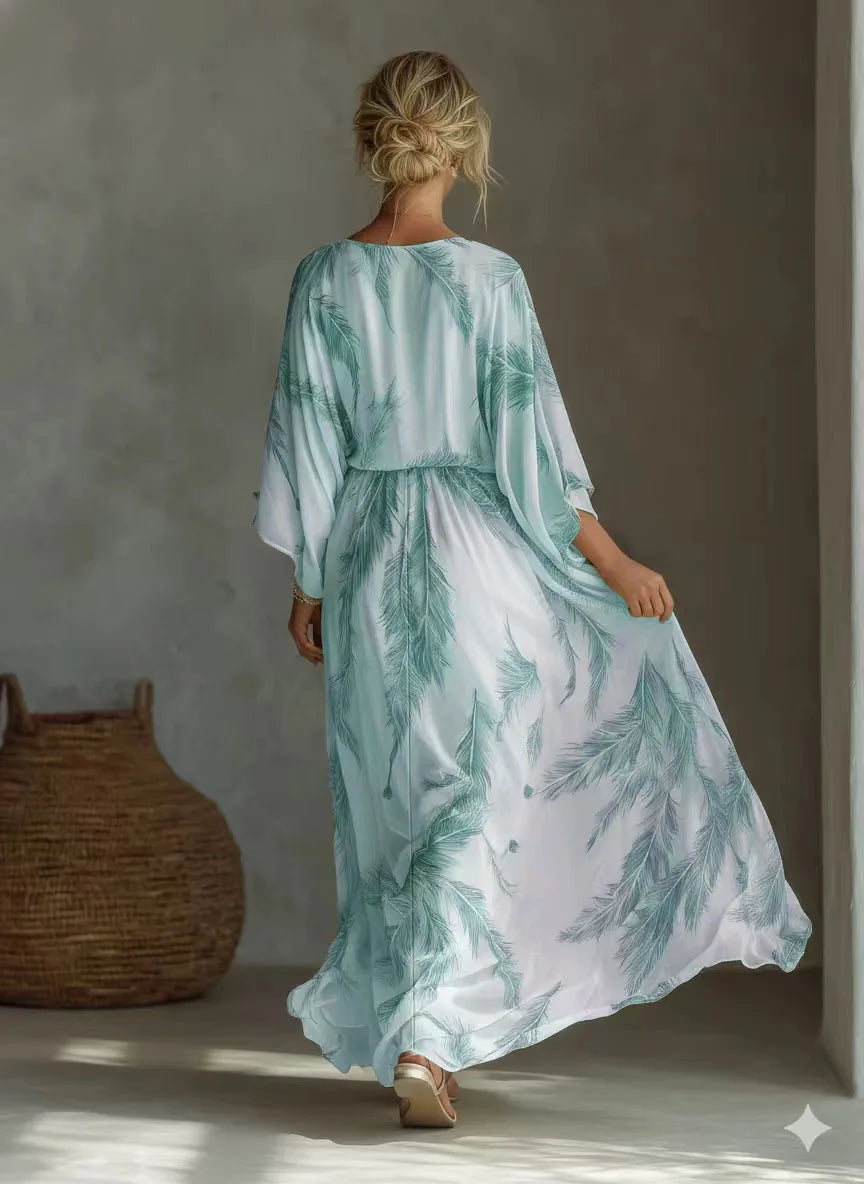 Bohemian Print Maxi Dress Deep V Neck Batwing Sleeve Long Dresses Casual Summer Holiday Resort Long Dresses Beachwear Vacation