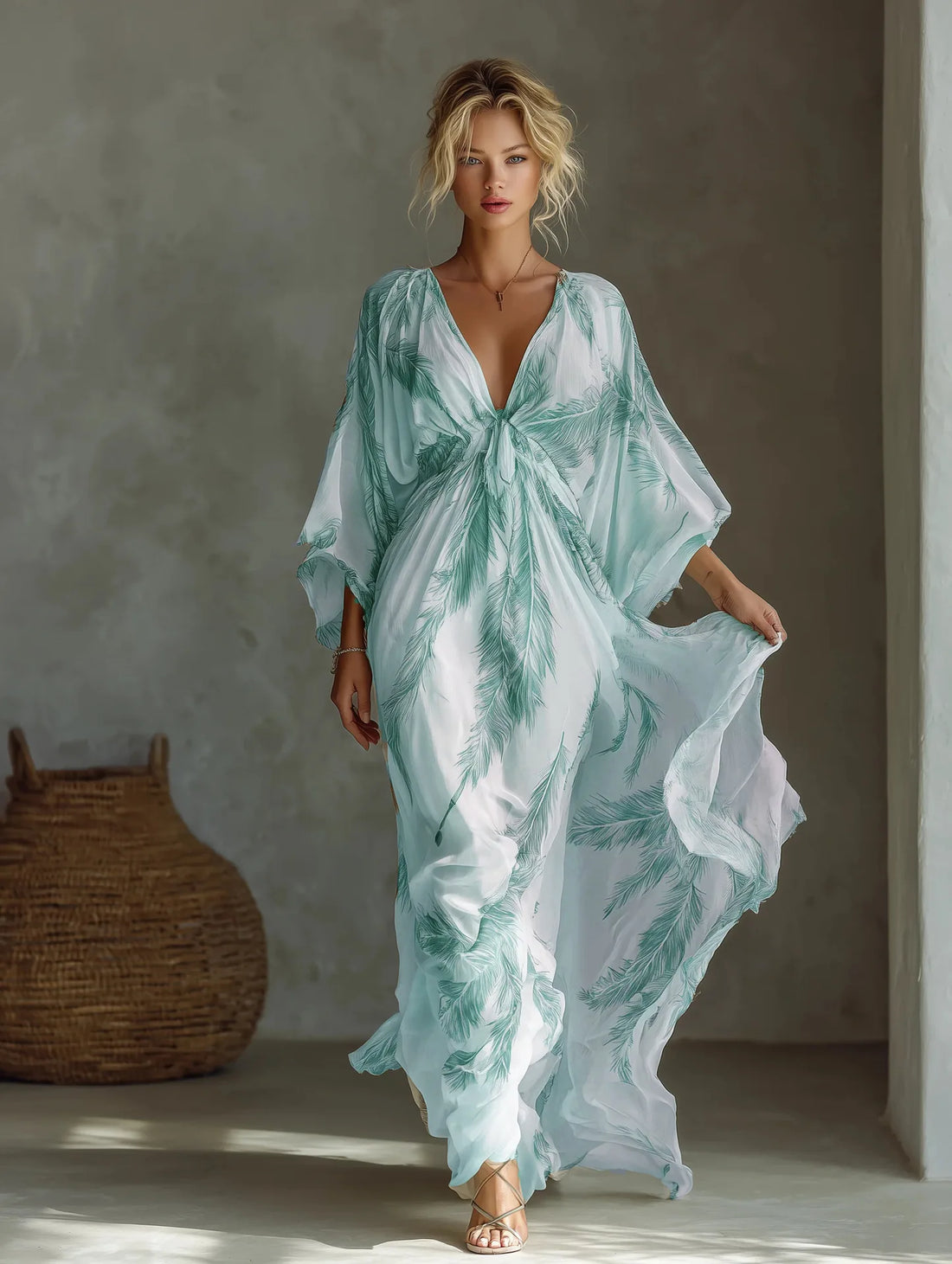 Bohemian Print Maxi Dress Deep V Neck Batwing Sleeve Long Dresses Casual Summer Holiday Resort Long Dresses Beachwear Vacation