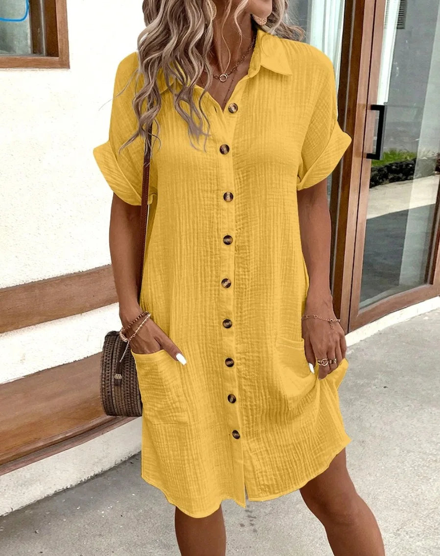 Women’s Retro Cotton Linen Dress – Elegant V-Neck Boho Dress