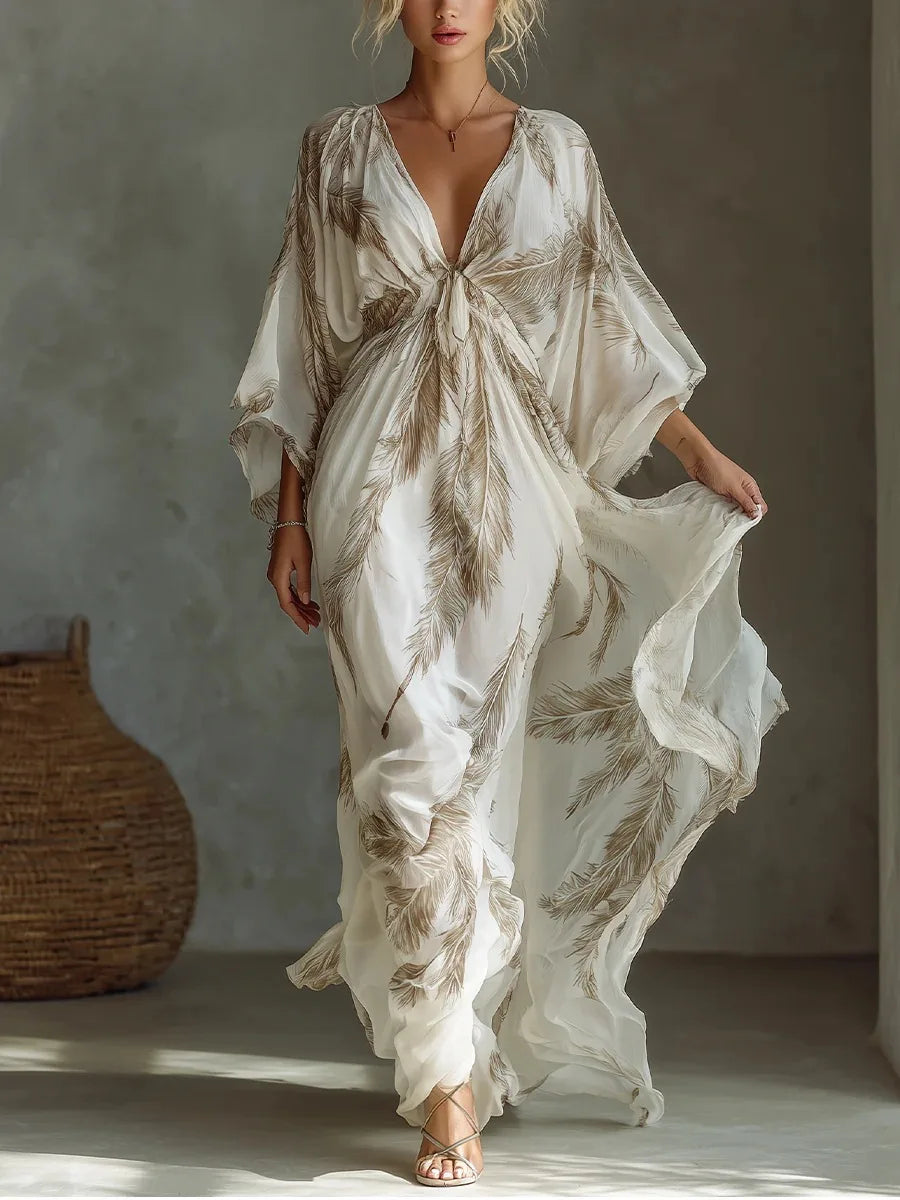 Bohemian Print Maxi Dress Deep V Neck Batwing Sleeve Long Dresses Casual Summer Holiday Resort Long Dresses Beachwear Vacation