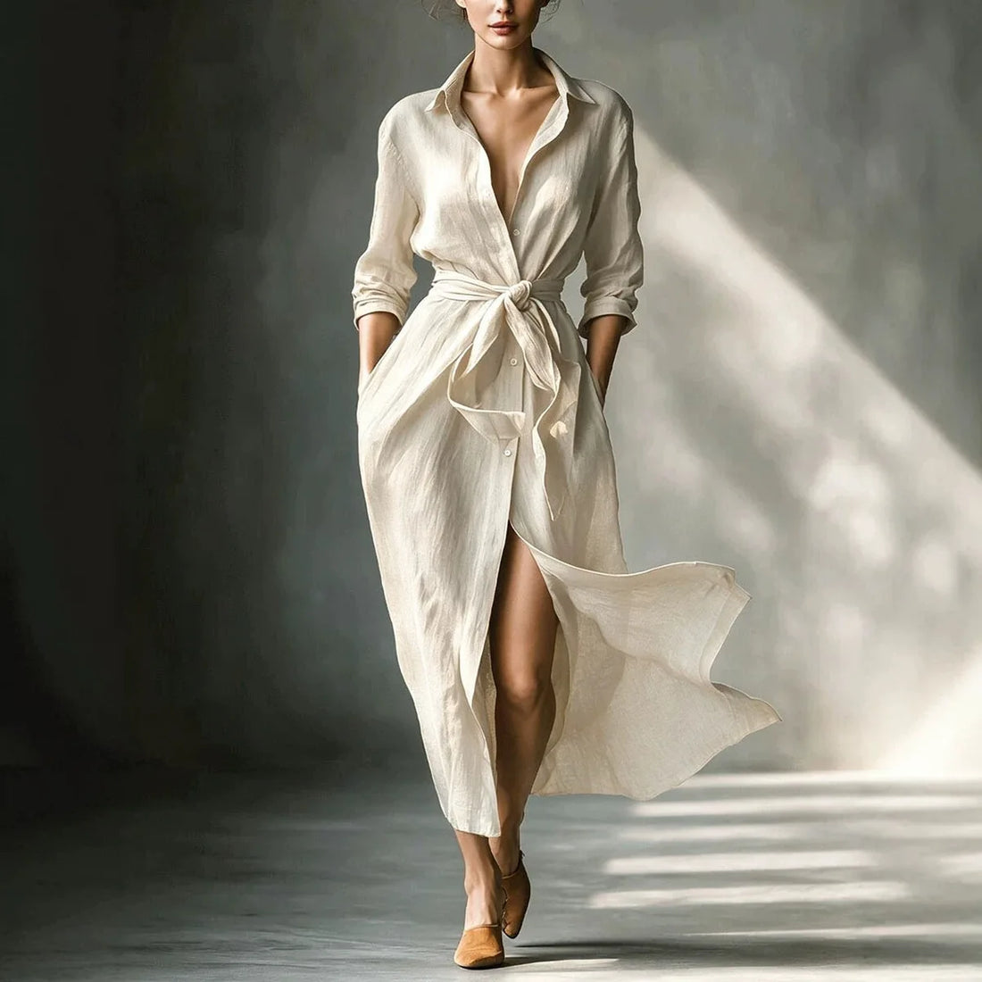 Women Spring Autumn Linen Lapel Collar Fashion Shirt Dress Waist Tie Belt Long Sleeve Long Shirt Dress Elegant Casual Daily Wear