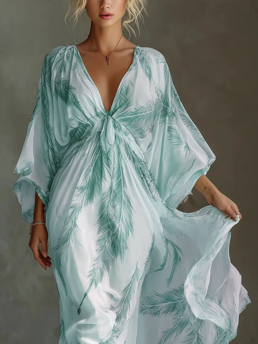 Bohemian Print Maxi Dress Deep V Neck Batwing Sleeve Long Dresses Casual Summer Holiday Resort Long Dresses Beachwear Vacation