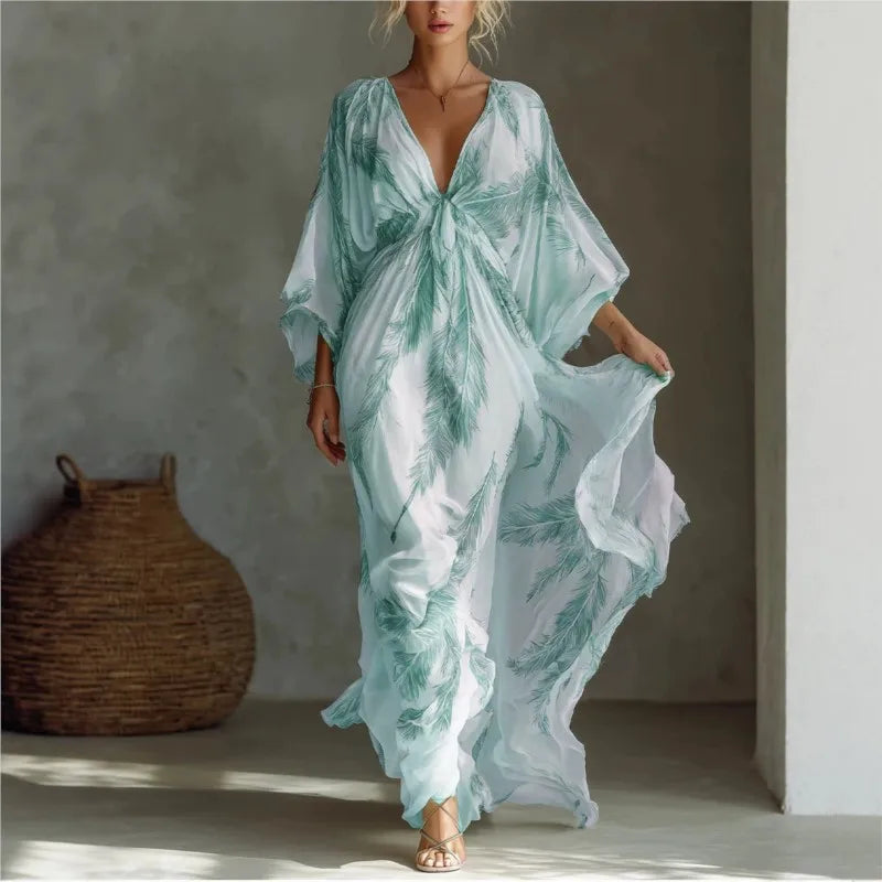 Bohemian Print Maxi Dress Deep V Neck Batwing Sleeve Long Dresses Casual Summer Holiday Resort Long Dresses Beachwear Vacation