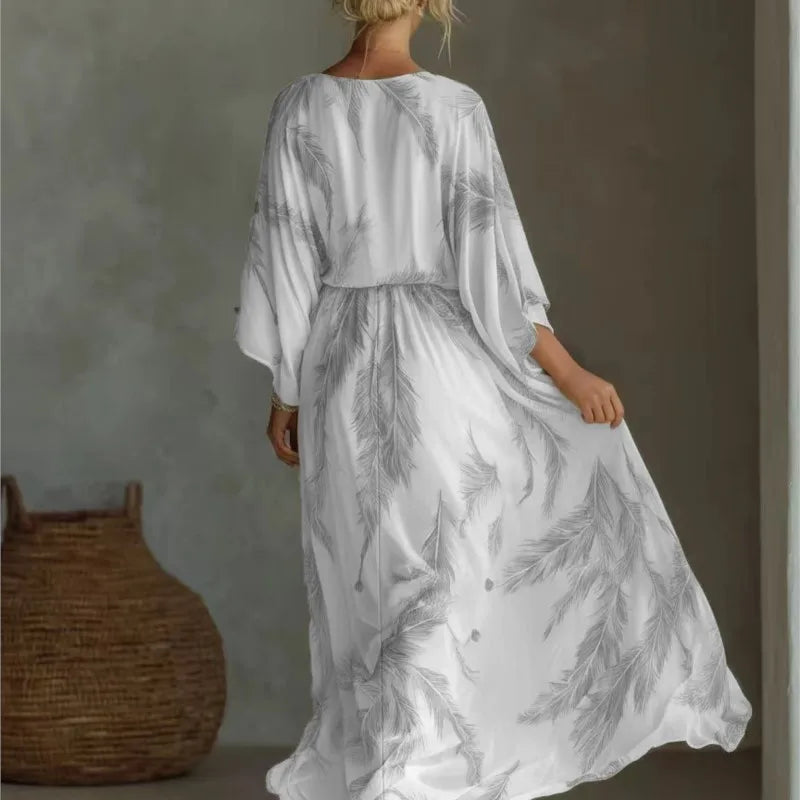 Bohemian Print Maxi Dress Deep V Neck Batwing Sleeve Long Dresses Casual Summer Holiday Resort Long Dresses Beachwear Vacation