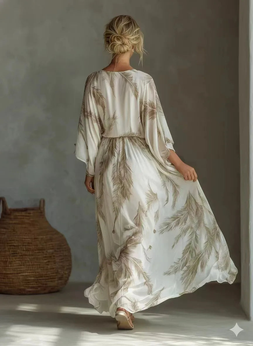 Bohemian Print Maxi Dress Deep V Neck Batwing Sleeve Long Dresses Casual Summer Holiday Resort Long Dresses Beachwear Vacation