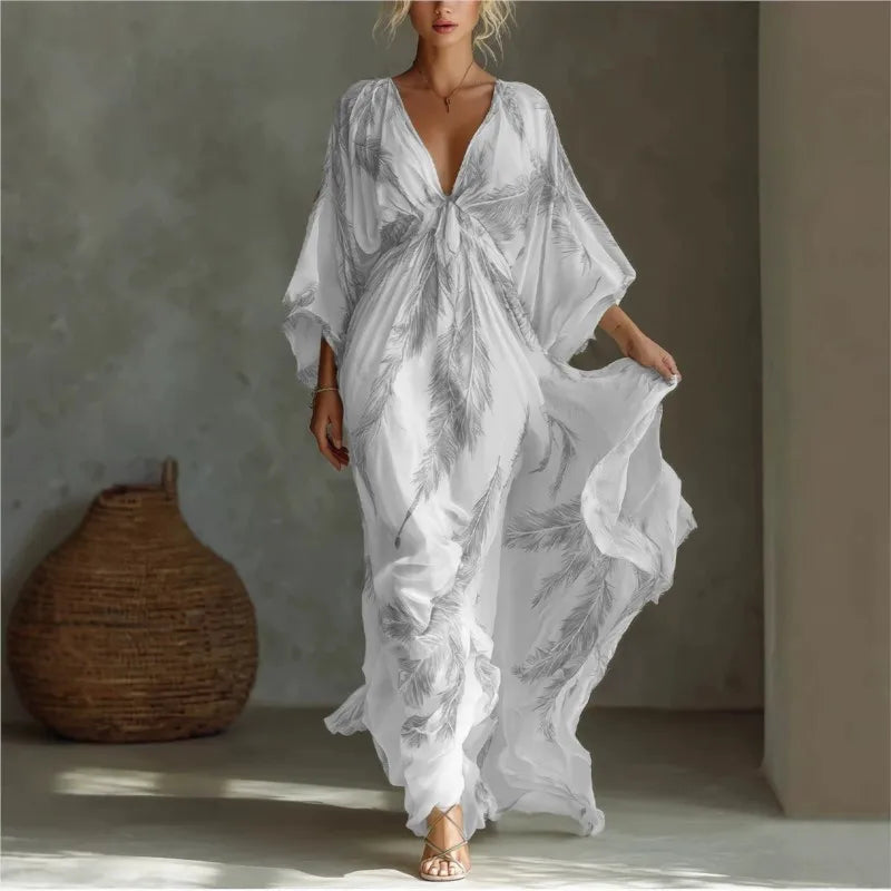 Bohemian Print Maxi Dress Deep V Neck Batwing Sleeve Long Dresses Casual Summer Holiday Resort Long Dresses Beachwear Vacation