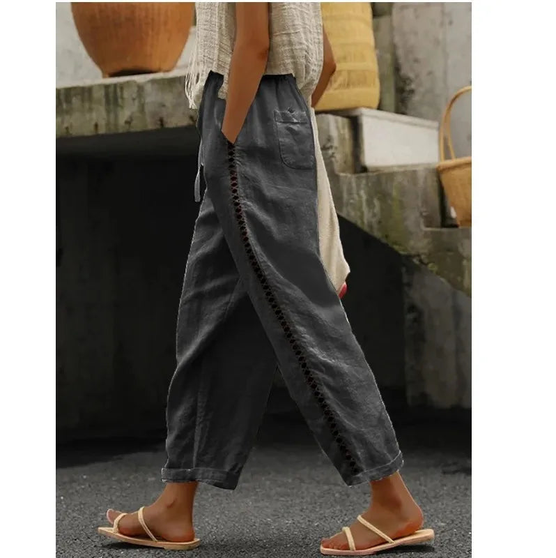 Vacation style hollow summer thin elastic waist loose cropped pants versatile breathable white casual pants