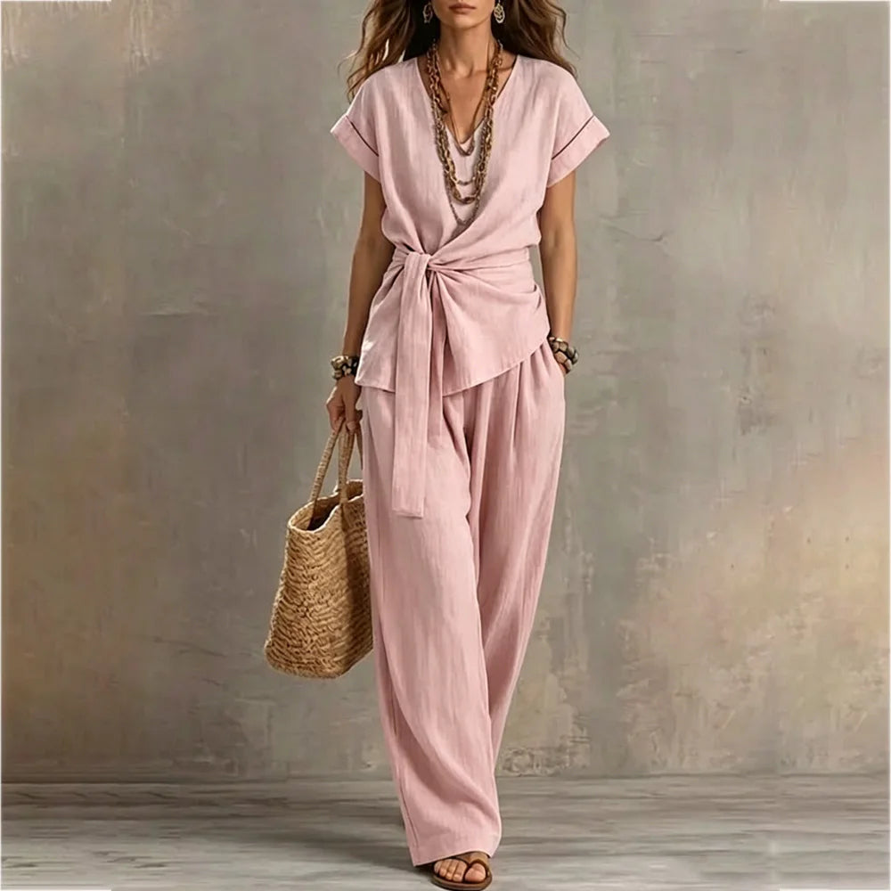 Fashion New Women Cotton Linen 2 Piece Outfit V Neck Tie Waist Short Sleeve Top Long Wide Leg Pants Loose Casual Summer Suit