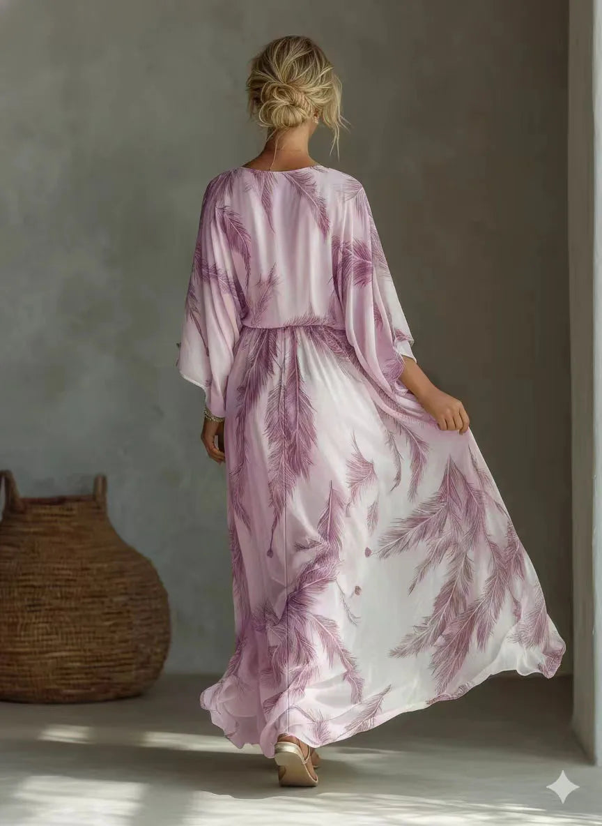 Bohemian Print Maxi Dress Deep V Neck Batwing Sleeve Long Dresses Casual Summer Holiday Resort Long Dresses Beachwear Vacation