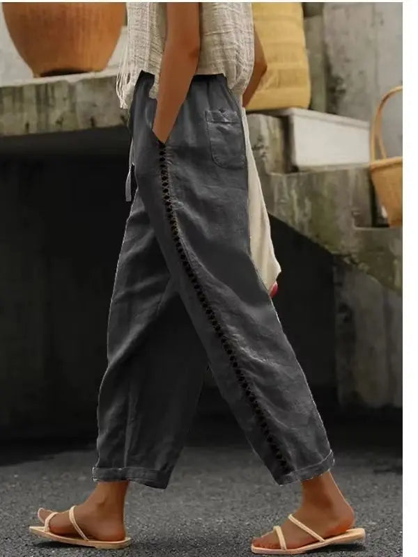 Vacation style hollow summer thin elastic waist loose cropped pants versatile breathable white casual pants