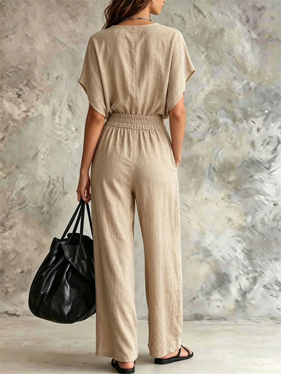 Women Casual Cotton Linen 2 Piece Outfit Summer Loose V Neck Short Sleeve Top Elastic High Waist Wide Leg Pants Set With Pockets