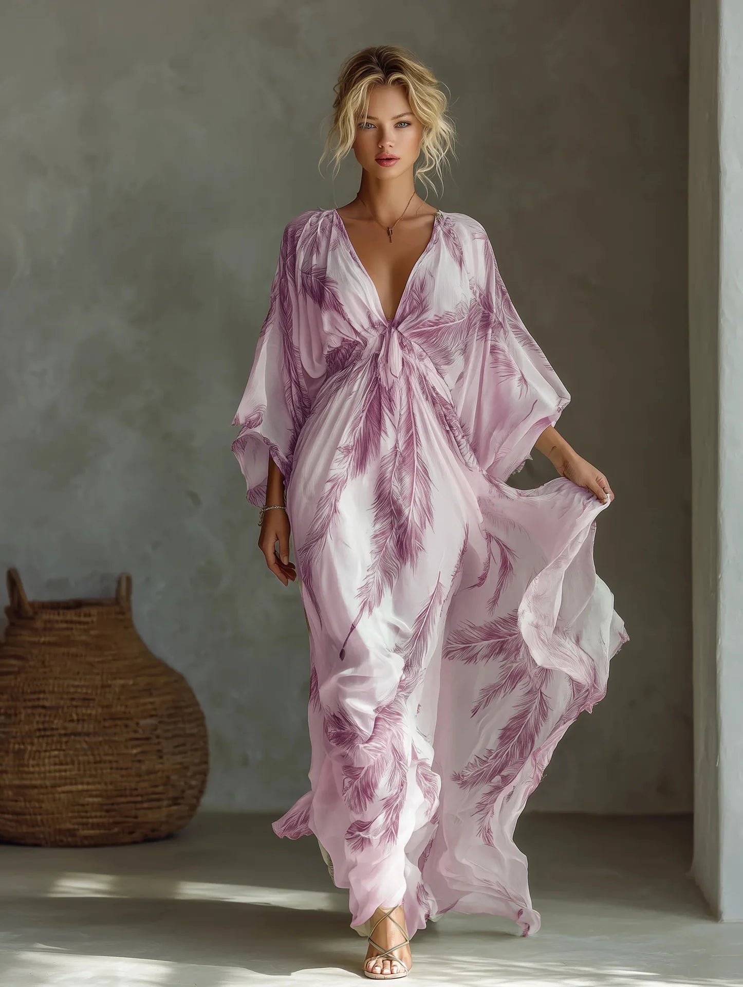 Bohemian Print Maxi Dress Deep V Neck Batwing Sleeve Long Dresses Casual Summer Holiday Resort Long Dresses Beachwear Vacation