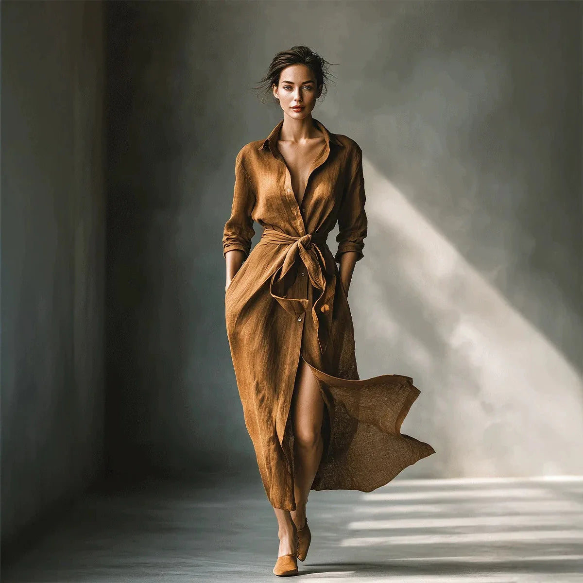 Women Spring Autumn Linen Lapel Collar Fashion Shirt Dress Waist Tie Belt Long Sleeve Long Shirt Dress Elegant Casual Daily Wear
