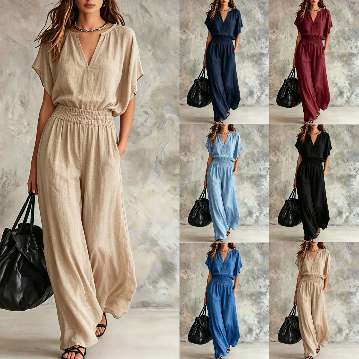 Women Casual Cotton Linen 2 Piece Outfit Summer Loose V Neck Short Sleeve Top Elastic High Waist Wide Leg Pants Set With Pockets