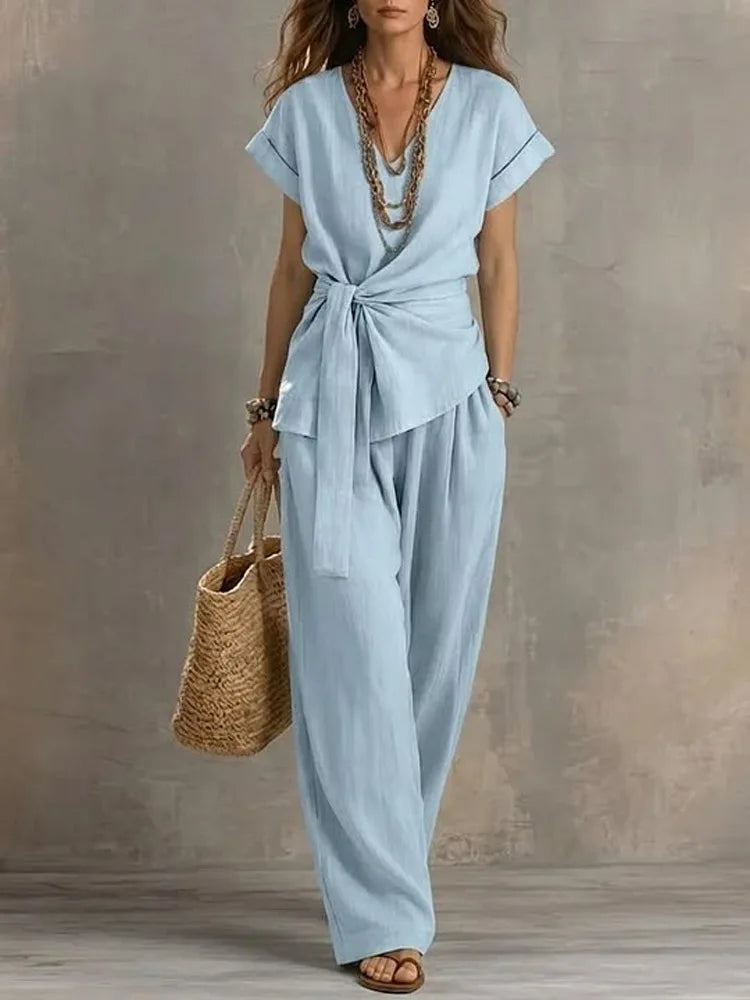 Fashion New Women Cotton Linen 2 Piece Outfit V Neck Tie Waist Short Sleeve Top Long Wide Leg Pants Loose Casual Summer Suit