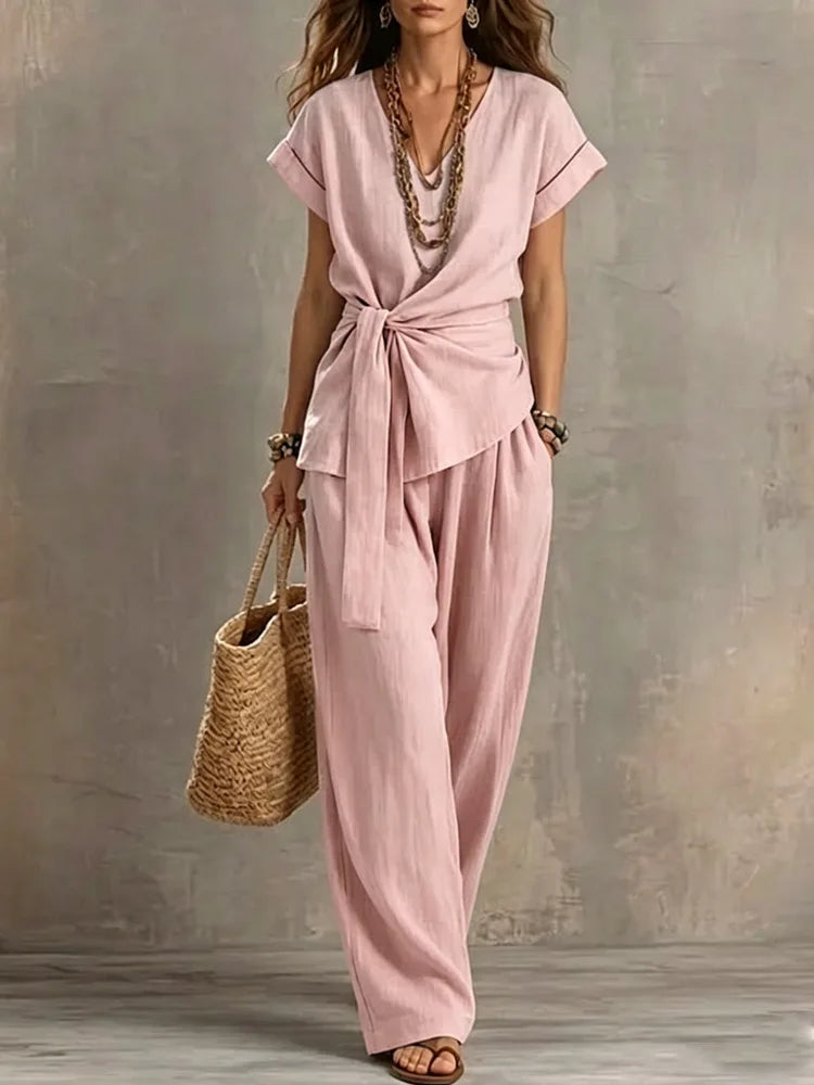 Fashion New Women Cotton Linen 2 Piece Outfit V Neck Tie Waist Short Sleeve Top Long Wide Leg Pants Loose Casual Summer Suit