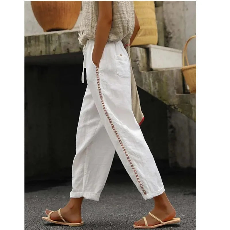 Vacation style hollow summer thin elastic waist loose cropped pants versatile breathable white casual pants