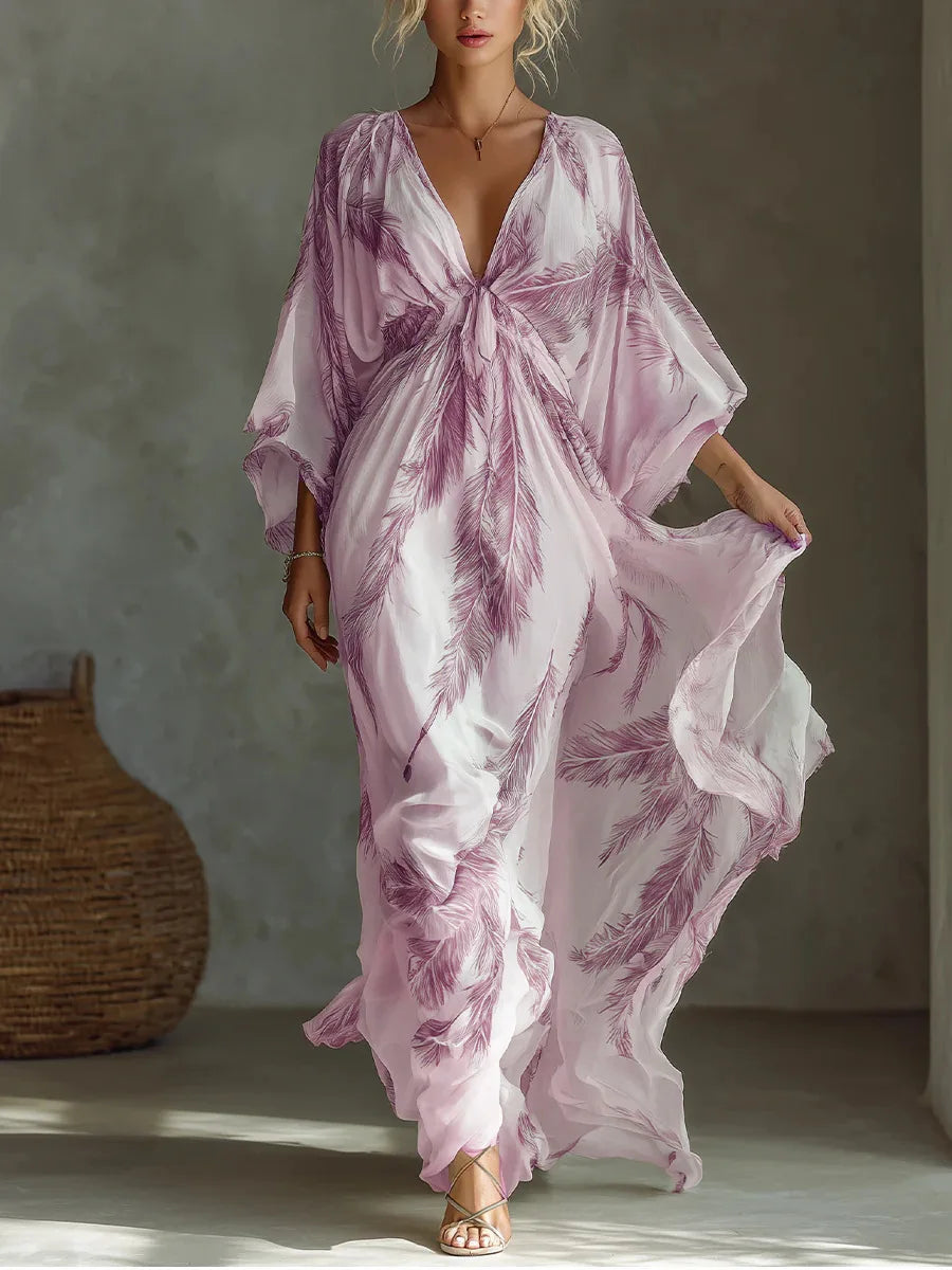 Bohemian Print Maxi Dress Deep V Neck Batwing Sleeve Long Dresses Casual Summer Holiday Resort Long Dresses Beachwear Vacation
