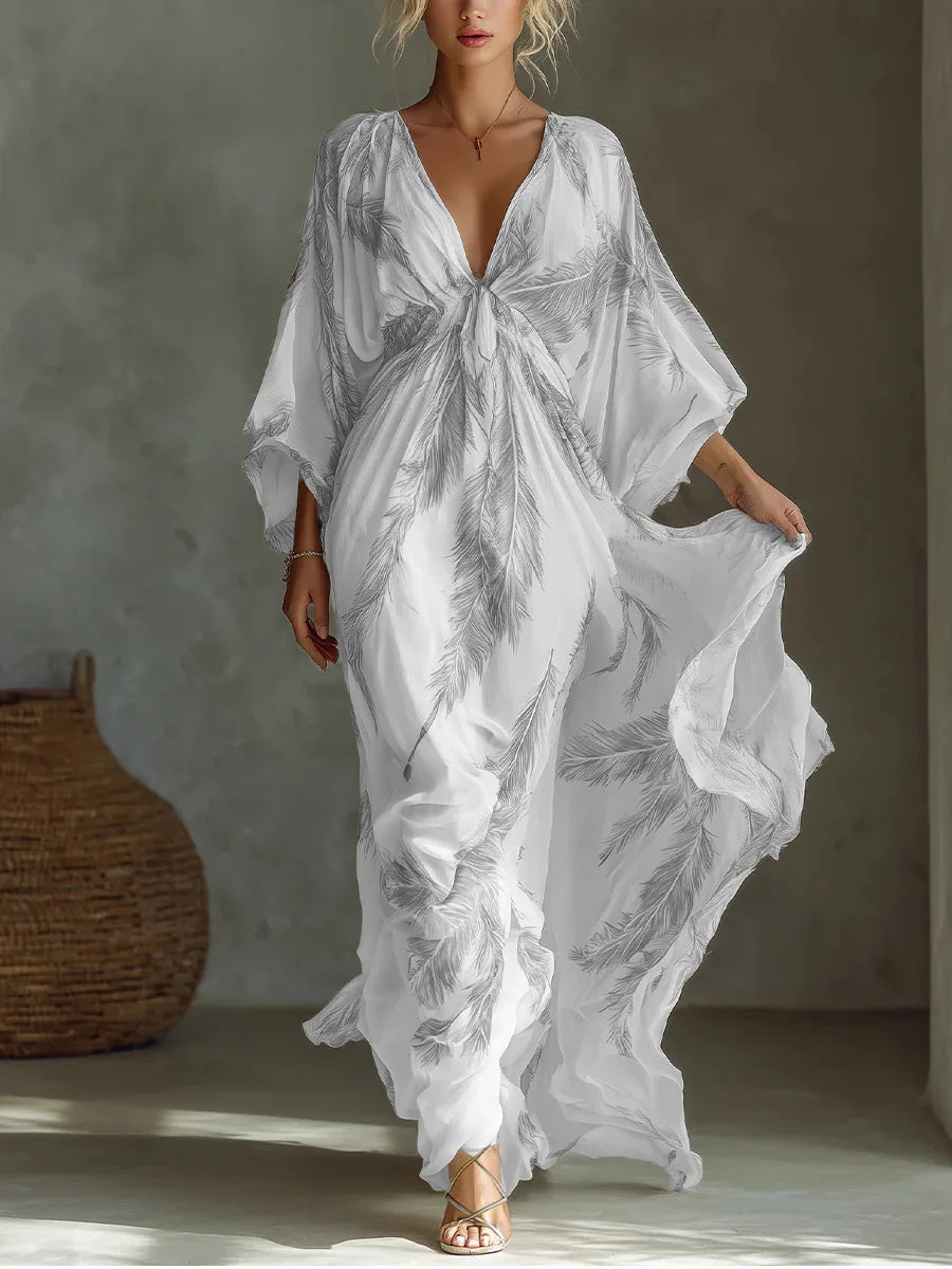 Bohemian Print Maxi Dress Deep V Neck Batwing Sleeve Long Dresses Casual Summer Holiday Resort Long Dresses Beachwear Vacation
