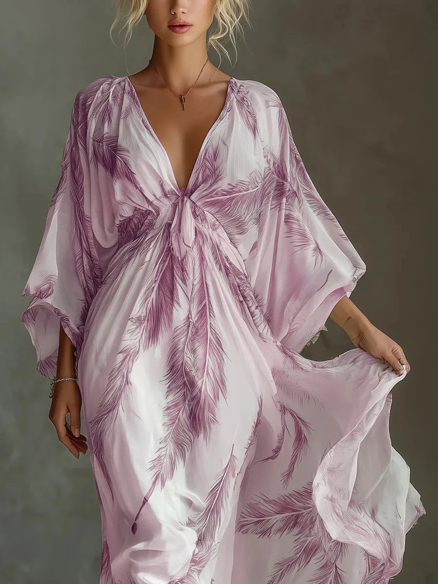 Bohemian Print Maxi Dress Deep V Neck Batwing Sleeve Long Dresses Casual Summer Holiday Resort Long Dresses Beachwear Vacation