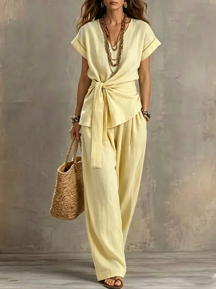 Fashion New Women Cotton Linen 2 Piece Outfit V Neck Tie Waist Short Sleeve Top Long Wide Leg Pants Loose Casual Summer Suit