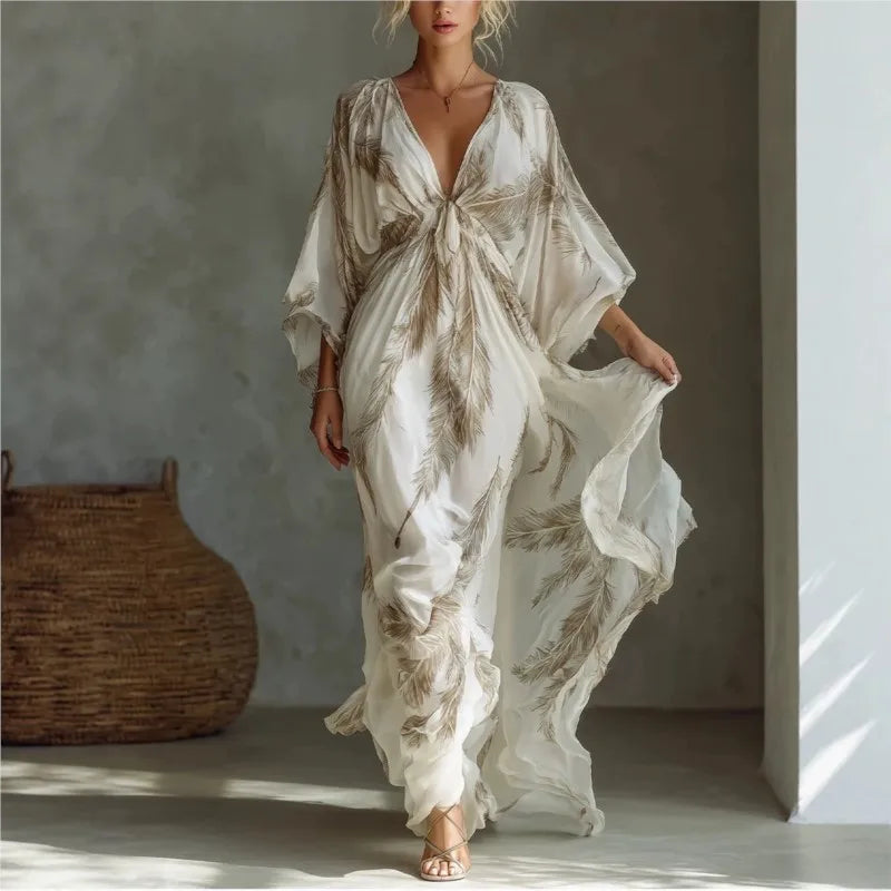 Bohemian Print Maxi Dress Deep V Neck Batwing Sleeve Long Dresses Casual Summer Holiday Resort Long Dresses Beachwear Vacation