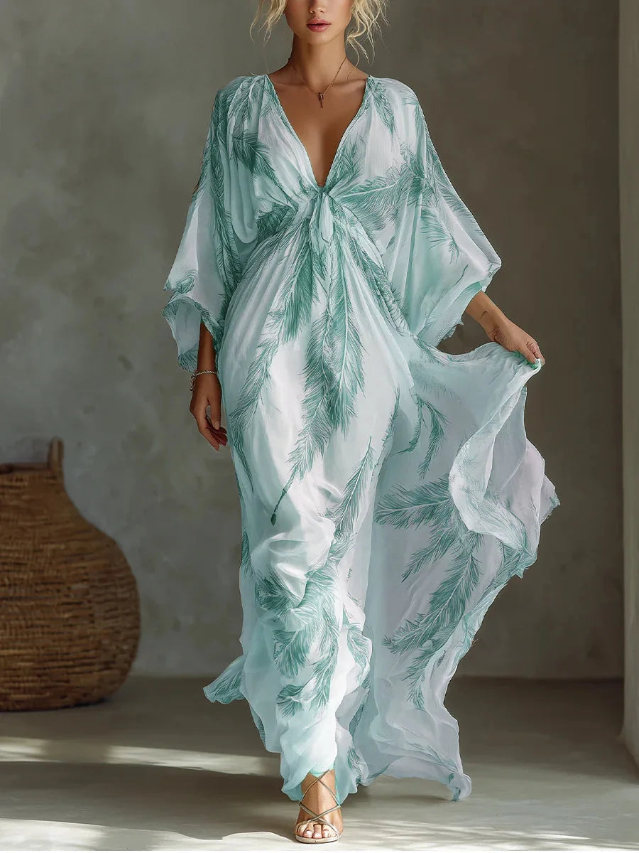Bohemian Print Maxi Dress Deep V Neck Batwing Sleeve Long Dresses Casual Summer Holiday Resort Long Dresses Beachwear Vacation