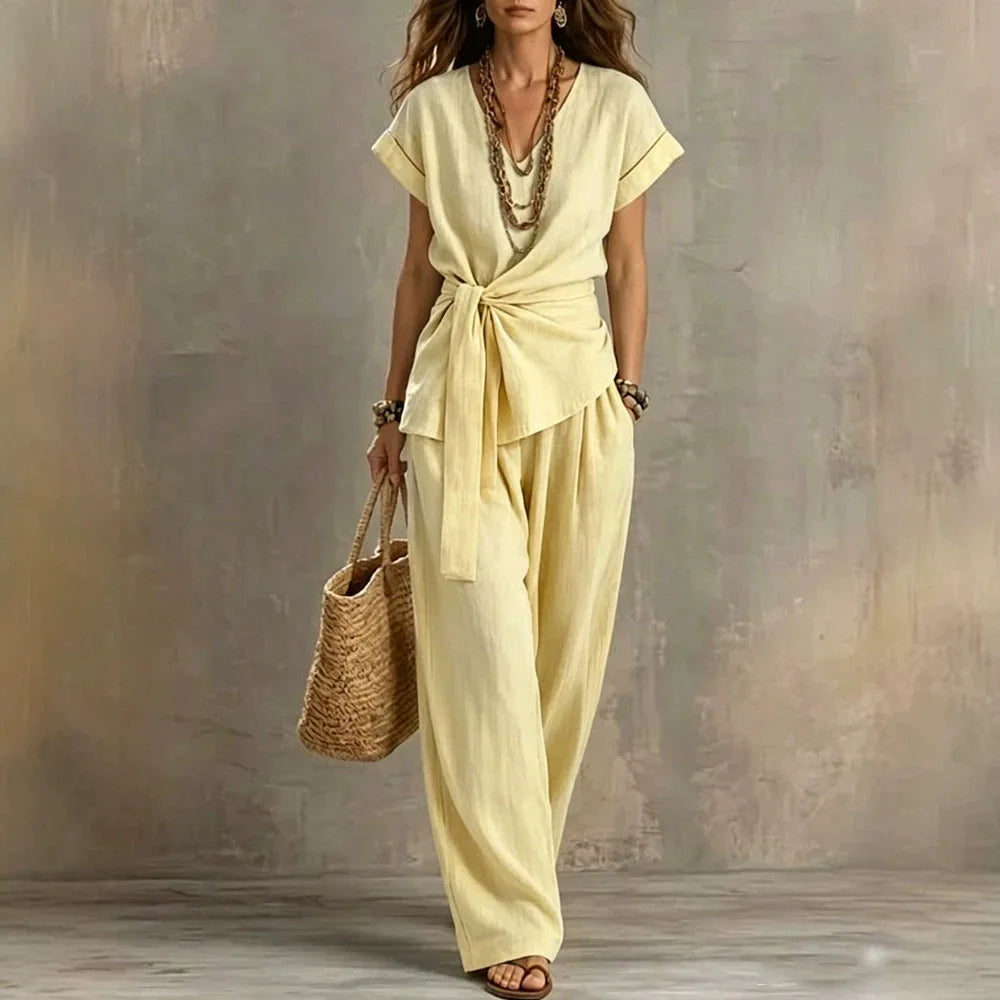 Fashion New Women Cotton Linen 2 Piece Outfit V Neck Tie Waist Short Sleeve Top Long Wide Leg Pants Loose Casual Summer Suit