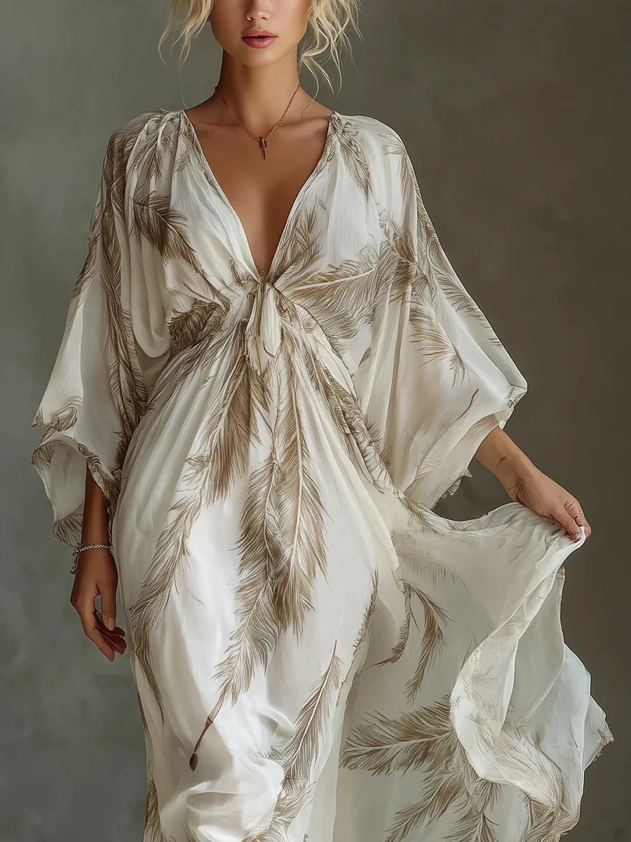 Bohemian Print Maxi Dress Deep V Neck Batwing Sleeve Long Dresses Casual Summer Holiday Resort Long Dresses Beachwear Vacation