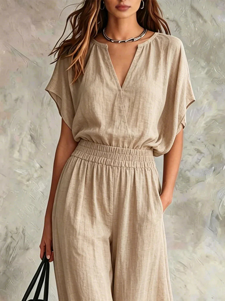 Women Casual Cotton Linen 2 Piece Outfit Summer Loose V Neck Short Sleeve Top Elastic High Waist Wide Leg Pants Set With Pockets