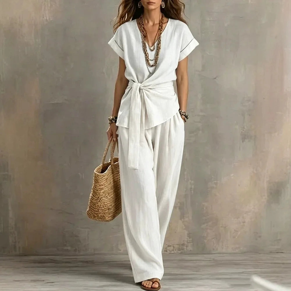 Fashion New Women Cotton Linen 2 Piece Outfit V Neck Tie Waist Short Sleeve Top Long Wide Leg Pants Loose Casual Summer Suit