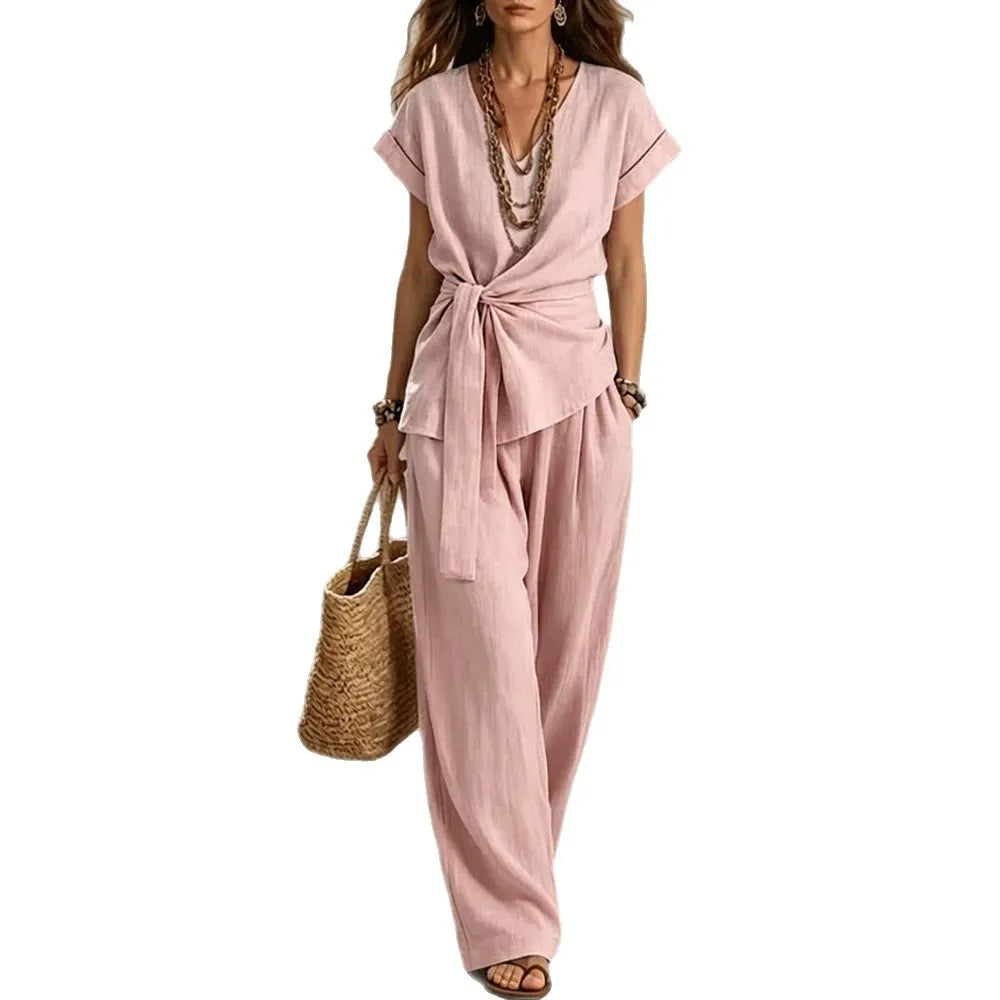 Fashion New Women Cotton Linen 2 Piece Outfit V Neck Tie Waist Short Sleeve Top Long Wide Leg Pants Loose Casual Summer Suit
