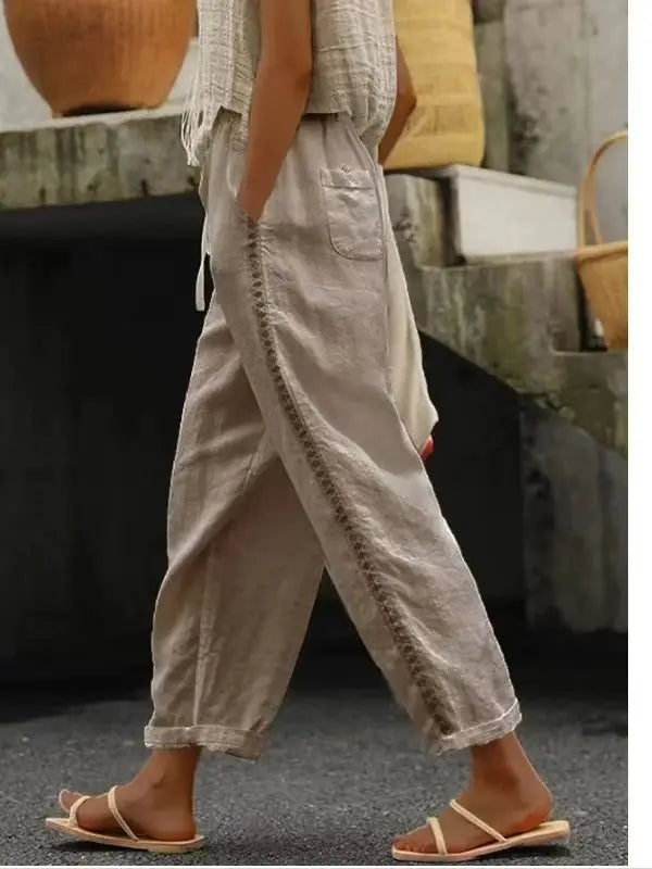 Vacation style hollow summer thin elastic waist loose cropped pants versatile breathable white casual pants